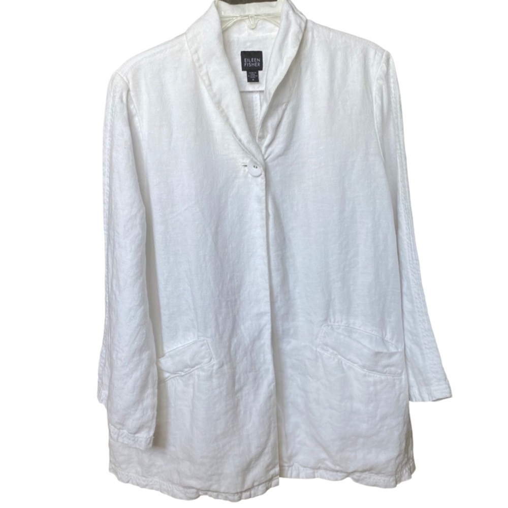 Eileen Fisher White 100% Linen Single Button Oversized Jacket